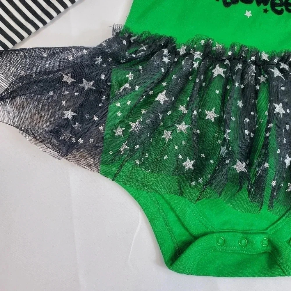 My First Halloween Green and Black Baby Girl Costume with Matching Hat Tutu - Picture 4 of 9